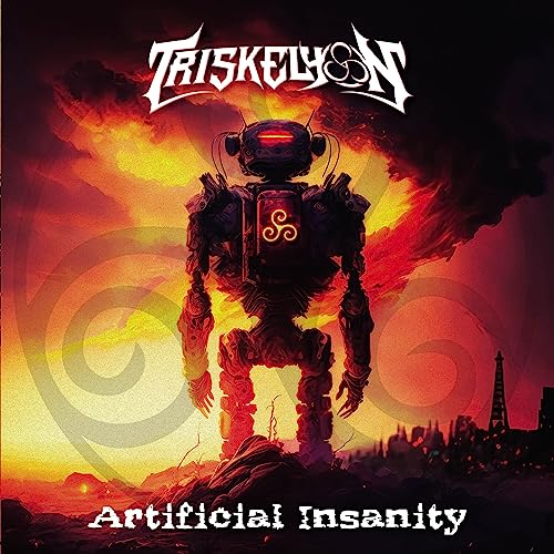 CD cover: robot with Triskelyon logo against a fiery, apocalyptic landscape.