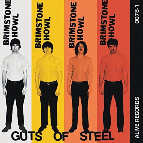 CD cover for Brimstone Howl’s “Guts Of Steel” featuring four band members.