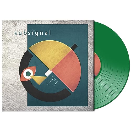 Green vinyl record with album cover featuring abstract geometric shapes.