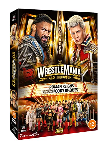 WWE WrestleMania 39 DVD cover featuring Roman Reigns and Cody Rhodes on a red carpet.
