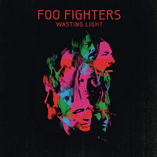 Album cover for Foo Fighters’ “Wasting Light” with colorful, layered portraits.