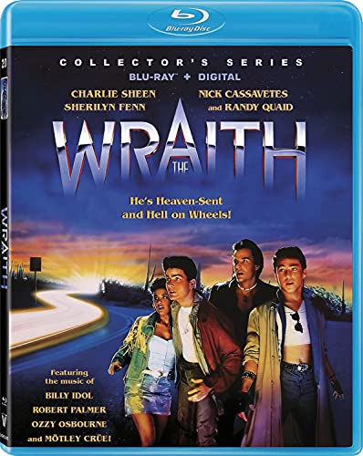 Blu-ray cover for "The Wraith" featuring cast members and a winding road.
