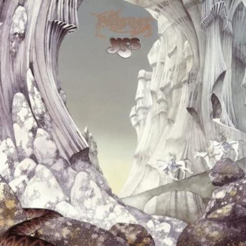 Yes "Relayer" CD cover: fantastical landscape with figures and text.