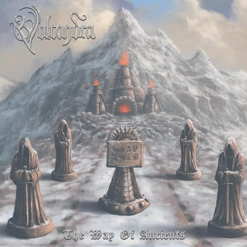 CD cover art: snowy mountains, stone statues, and a fiery fortress.
