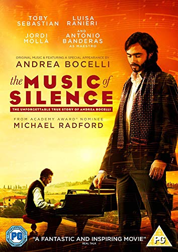 DVD cover for “The Music of Silence” featuring a young man and piano.