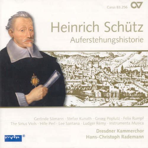 CD cover featuring a portrait of Heinrich Schütz and a landscape illustration.