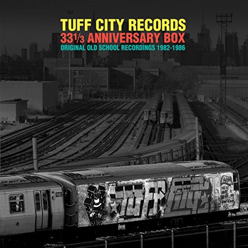 Black and white photo of a graffiti-covered subway train on tracks with city skyline.