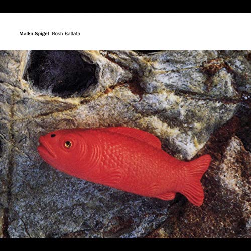 Red plastic fish resting on a textured, grey rocky surface.