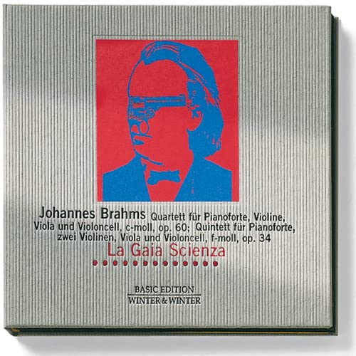 CD case featuring a portrait of composer Johannes Brahms in red and blue.