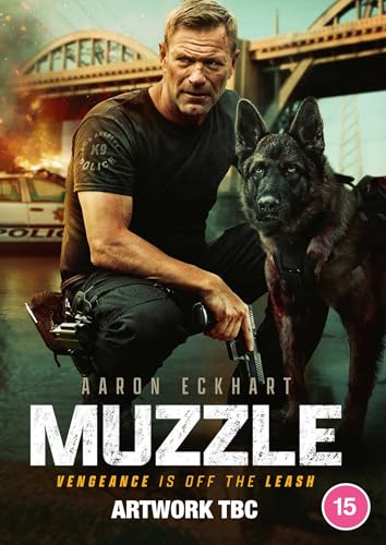 Man with police dog, action movie DVD cover, fiery background.