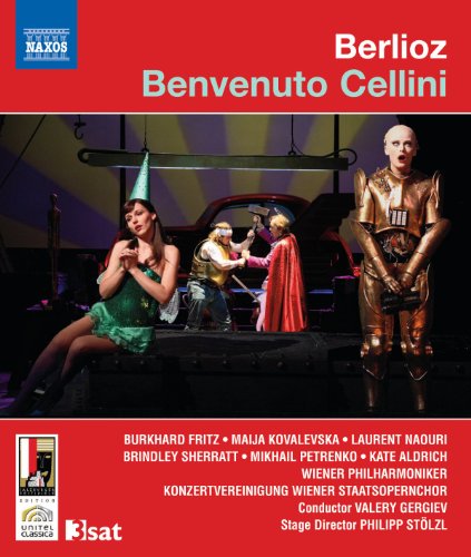 Blu-ray cover for Berlioz’s “Benvenuto Cellini” opera, featuring stage performers.