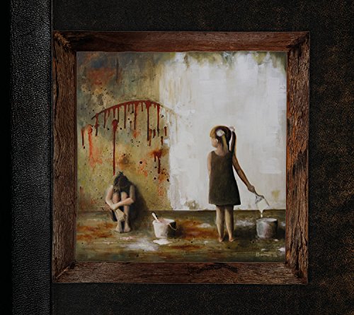 Painting of two figures with buckets near a blood-splattered wall.