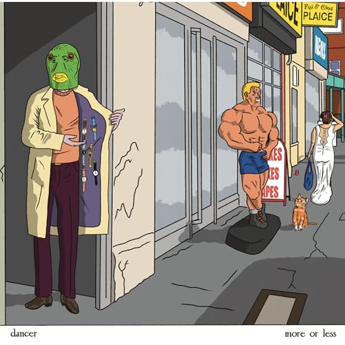 Cartoon album cover with figures in a street scene, "Dancer - More Or Less".