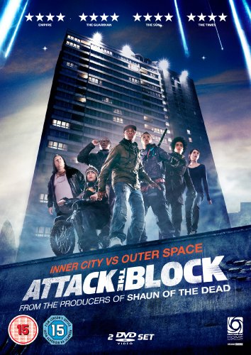 DVD cover for "Attack the Block" featuring a group facing a tall building.