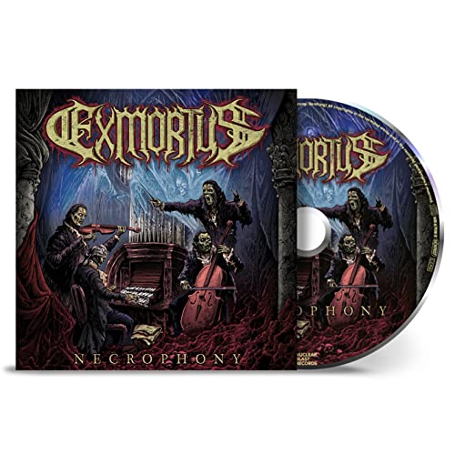 Exmortus “Necrophony” CD cover featuring skeletal musicians in a dark scene.