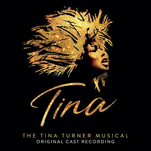 Golden glitter portrait of Tina Turner with musical title text below.