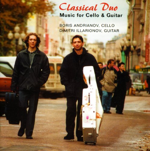 CD cover featuring two musicians with cello and guitar, city background.