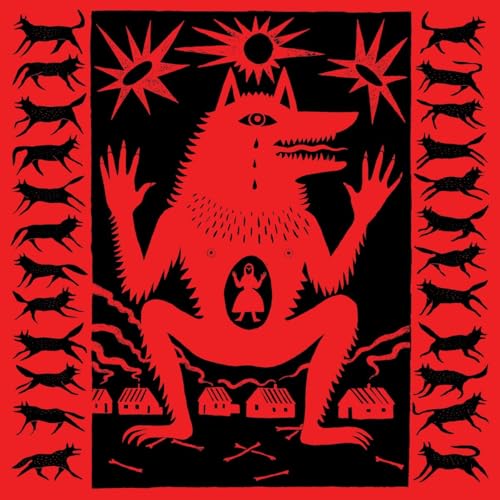 Red wolf figure with an eye and small houses below, black background.