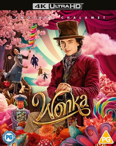 Wonka" Blu-ray cover featuring Timothée Chalamet in costume amidst a colorful, whimsical landscape.