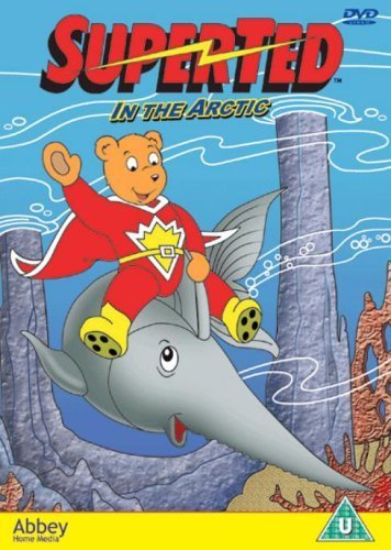 SuperTed riding a walrus in an arctic landscape, DVD cover art.