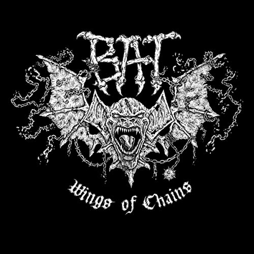Black and white illustration of a monstrous bat with chains and text.