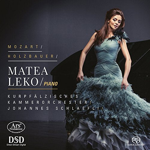 CD cover featuring pianist Matea Leko in a blue feathered gown.