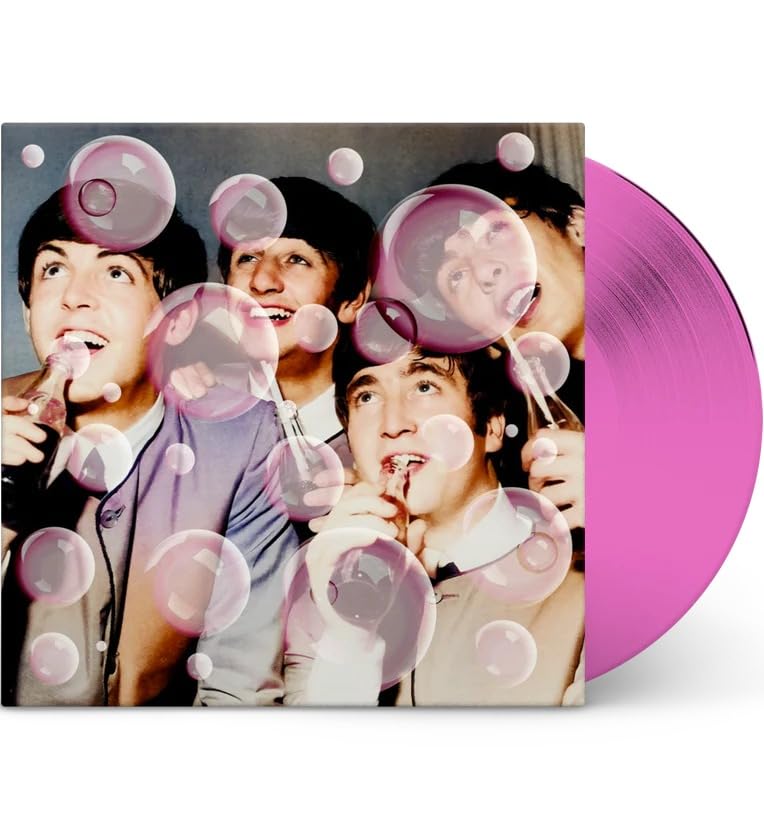The Beatles with bubbles, vinyl record cover and pink record disc.