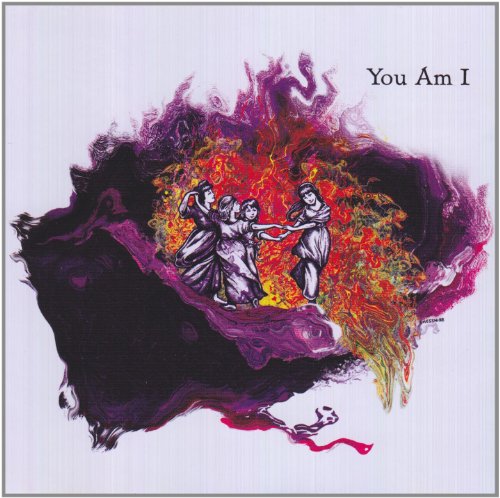 CD cover: Three figures holding hands amidst abstract purple and red flames.