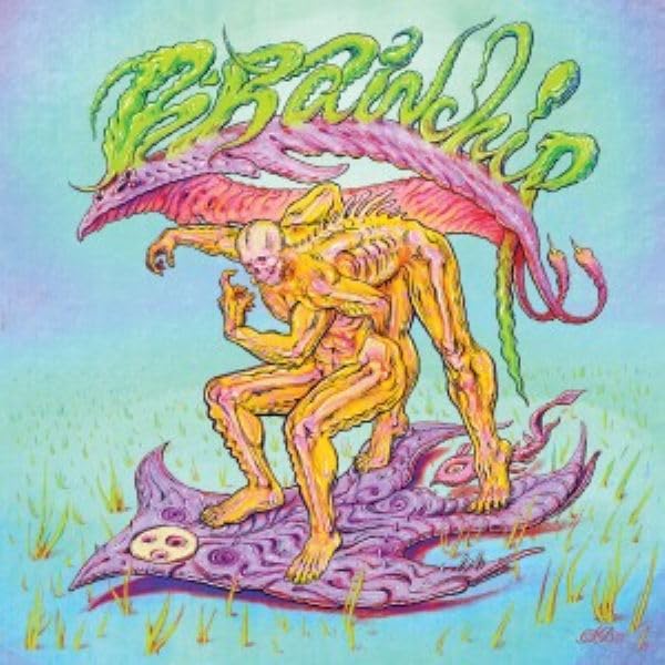 Yellow, skeletal figure with a pink, dragon-like creature above, on purple ground.