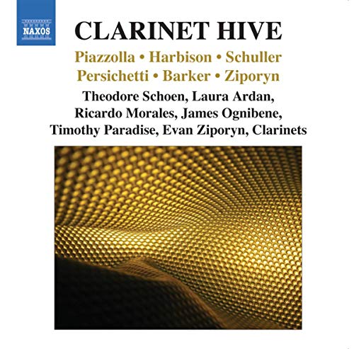 CD cover for “Clarinet Hive” featuring a golden, textured clarinet image.