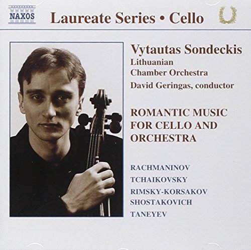 CD cover featuring a cellist and text listing composers and performers.