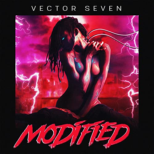 Album cover: person with glowing blue lines against a stormy red sky.