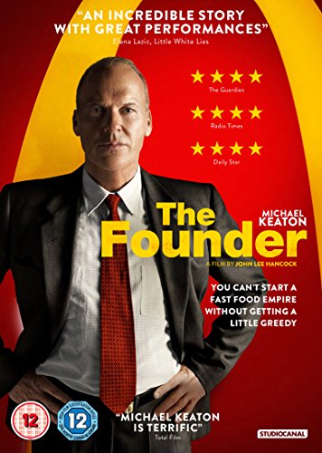 DVD cover for "The Founder" featuring Michael Keaton in a suit.