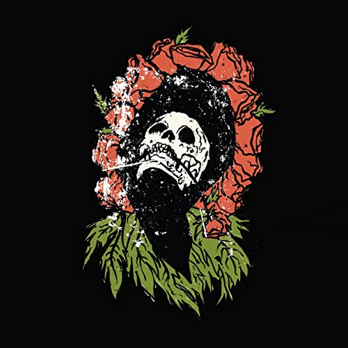 Skull with roses, distressed texture, black background, album artwork.