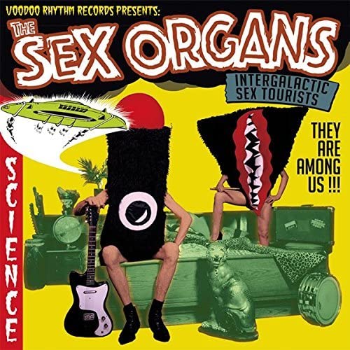 CD cover for "Sex Organs" featuring figures in bizarre costumes and a UFO.