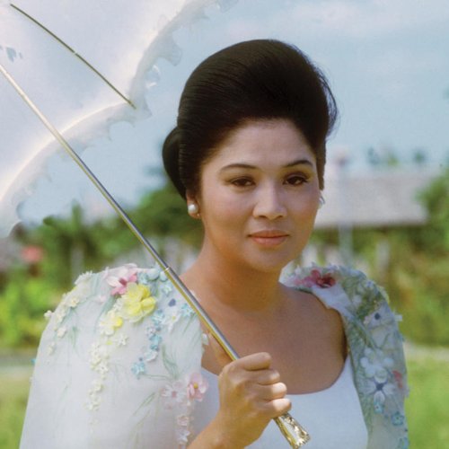 Imelda Marcos portrait with parasol, album cover for "Here Lies Love.