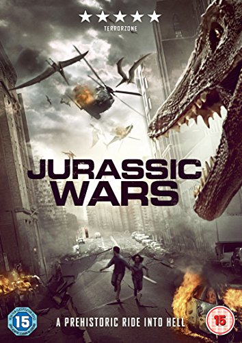 Jurassic Wars" DVD cover featuring dinosaurs attacking a city.