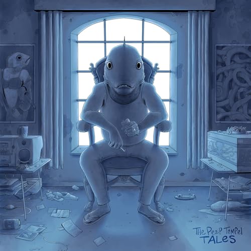 Blue album cover featuring a fish-headed figure seated in a chair.