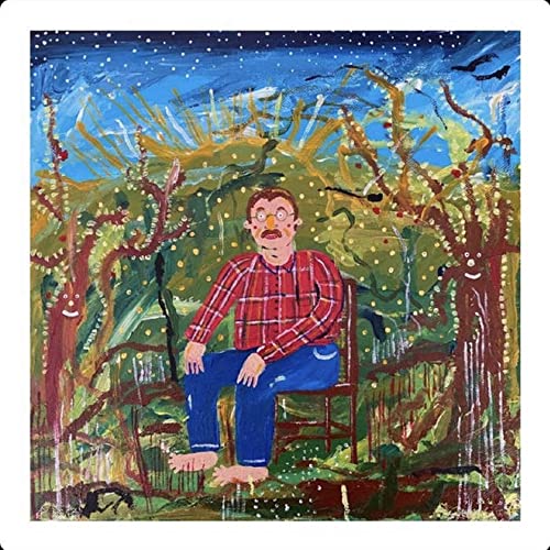 Painted album cover featuring a man seated amongst stylized trees.