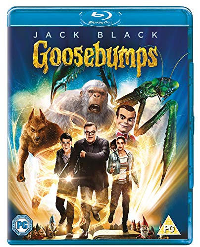 Goosebumps" Blu-ray cover featuring monsters, Jack Black, and running people.