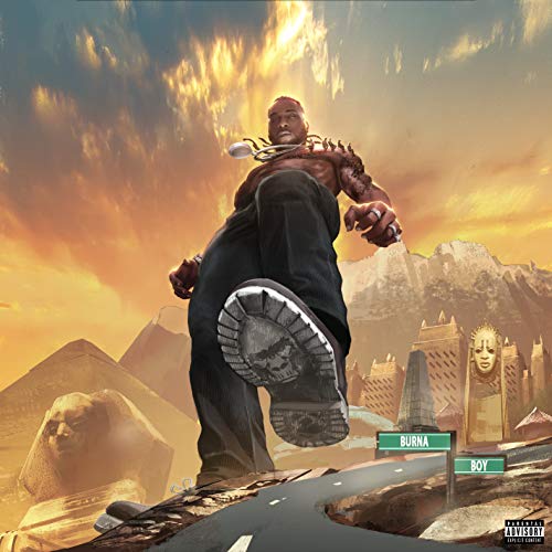 Burna Boy album cover: man towering over pyramids and landscape.