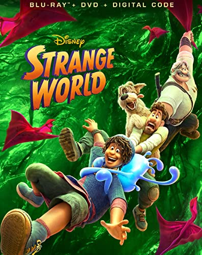 Strange World" Blu-ray cover featuring characters in a vibrant, green landscape.