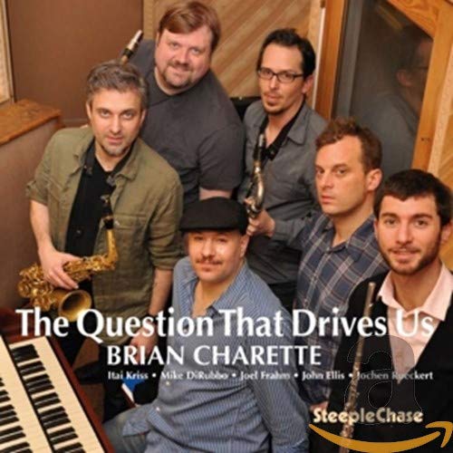 CD cover featuring six musicians with brass instruments and piano keys.