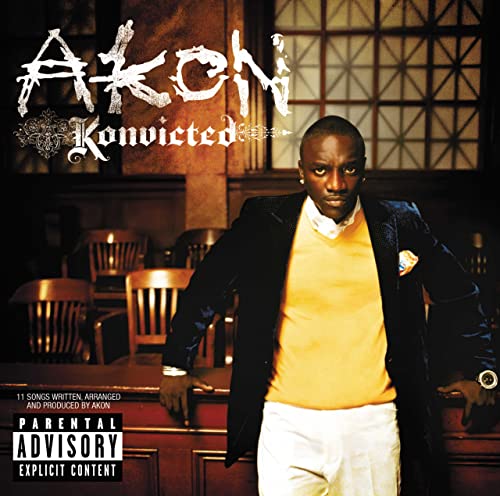 Akon album cover, "Konvicted," featuring the artist in a courtroom setting.