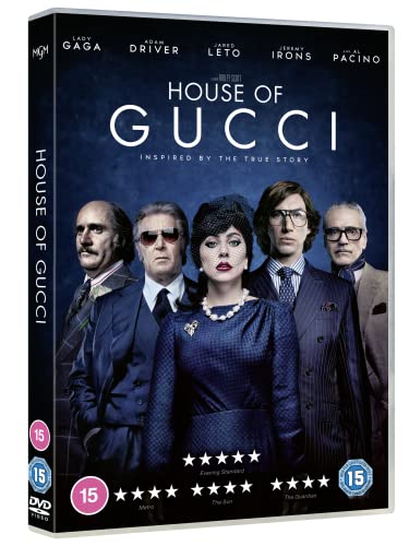 House of Gucci" DVD cover featuring Lady Gaga and cast portraits.