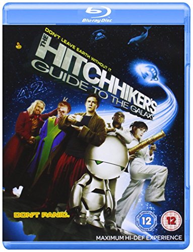 The Hitchhiker's Guide to the Galaxy" Blu-ray cover with characters and robot.