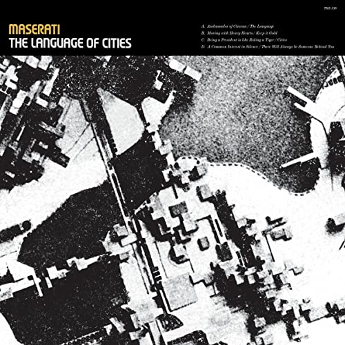 Maserati CD cover: aerial cityscape in grayscale with text overlay.
