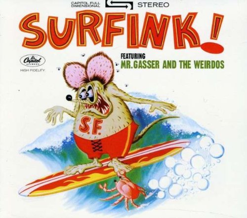 Cartoon mouse surfing on a red surfboard, album cover art.