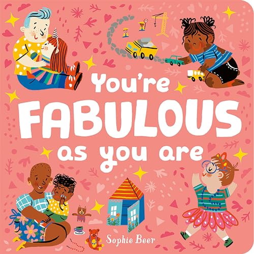 Children's book cover with diverse characters playing on a pink background with white text.