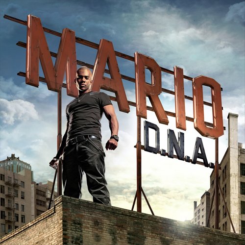 Mario stands on a brick wall before large, rusted "MARIO D.N.A." letters.